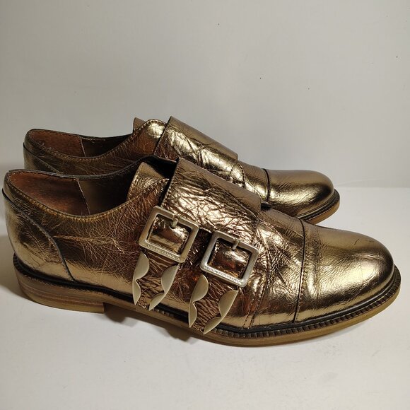 Anthropologie Kelsey Dagger Brooklyn Copper Foiled Buckle Loafers Metallic SZ 10 - Picture 1 of 13